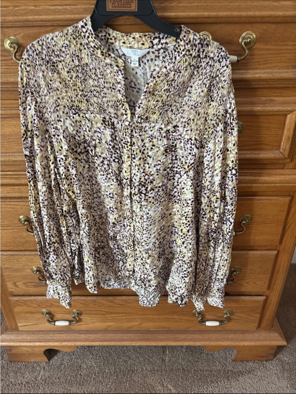 Time and Tru Cream and Brown Printed Button-Front Blouse